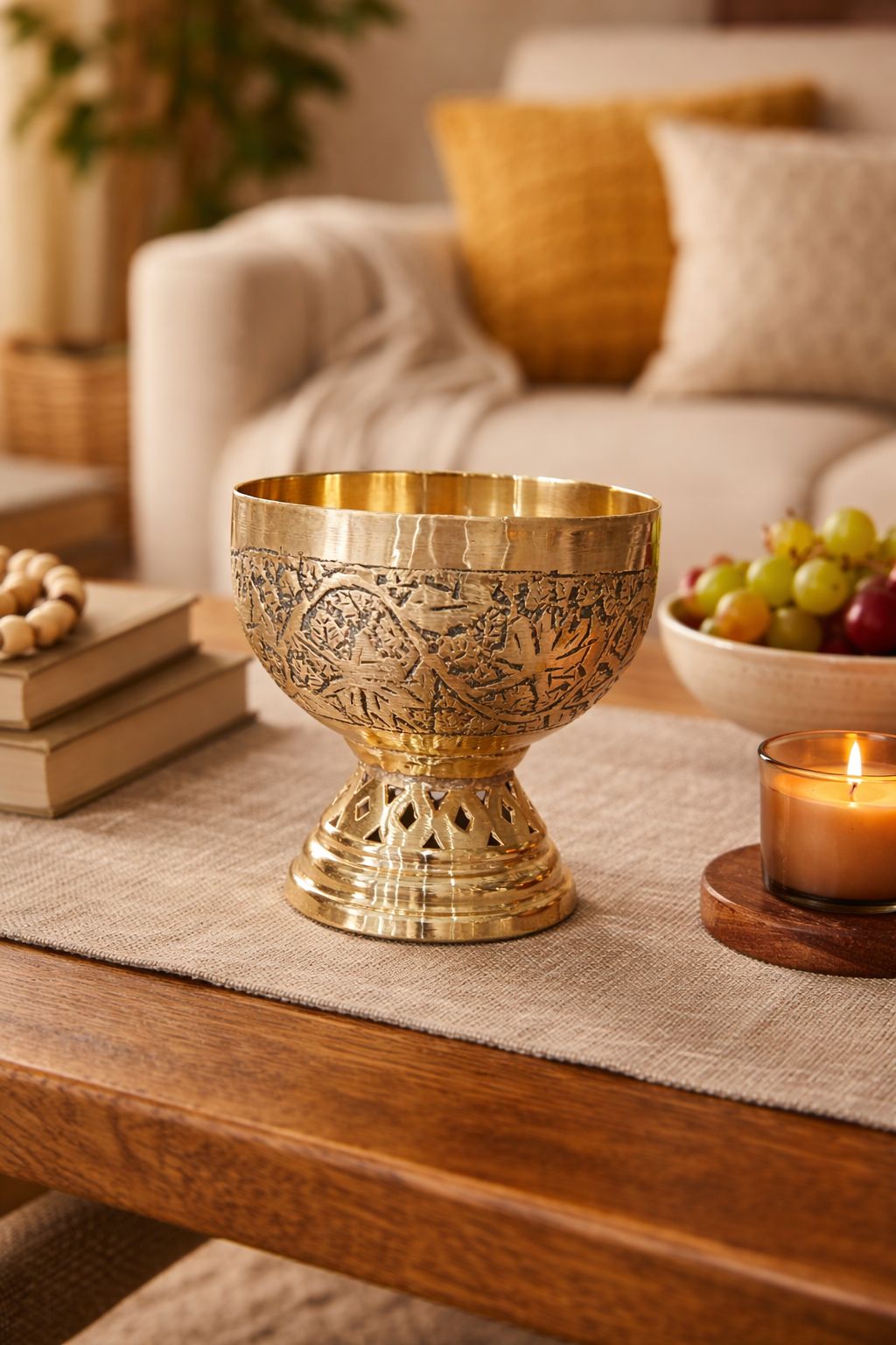 Golden Bronze Etched Decorative Bowl - Handcrafted Artistic Design