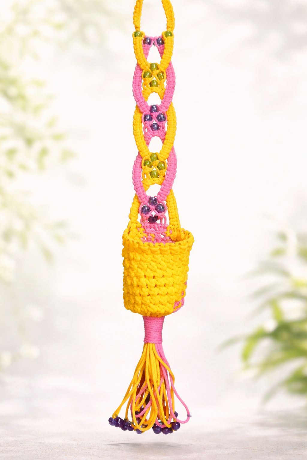 Vibrant Yellow & Pink Macrame Hanging Decor with Beads