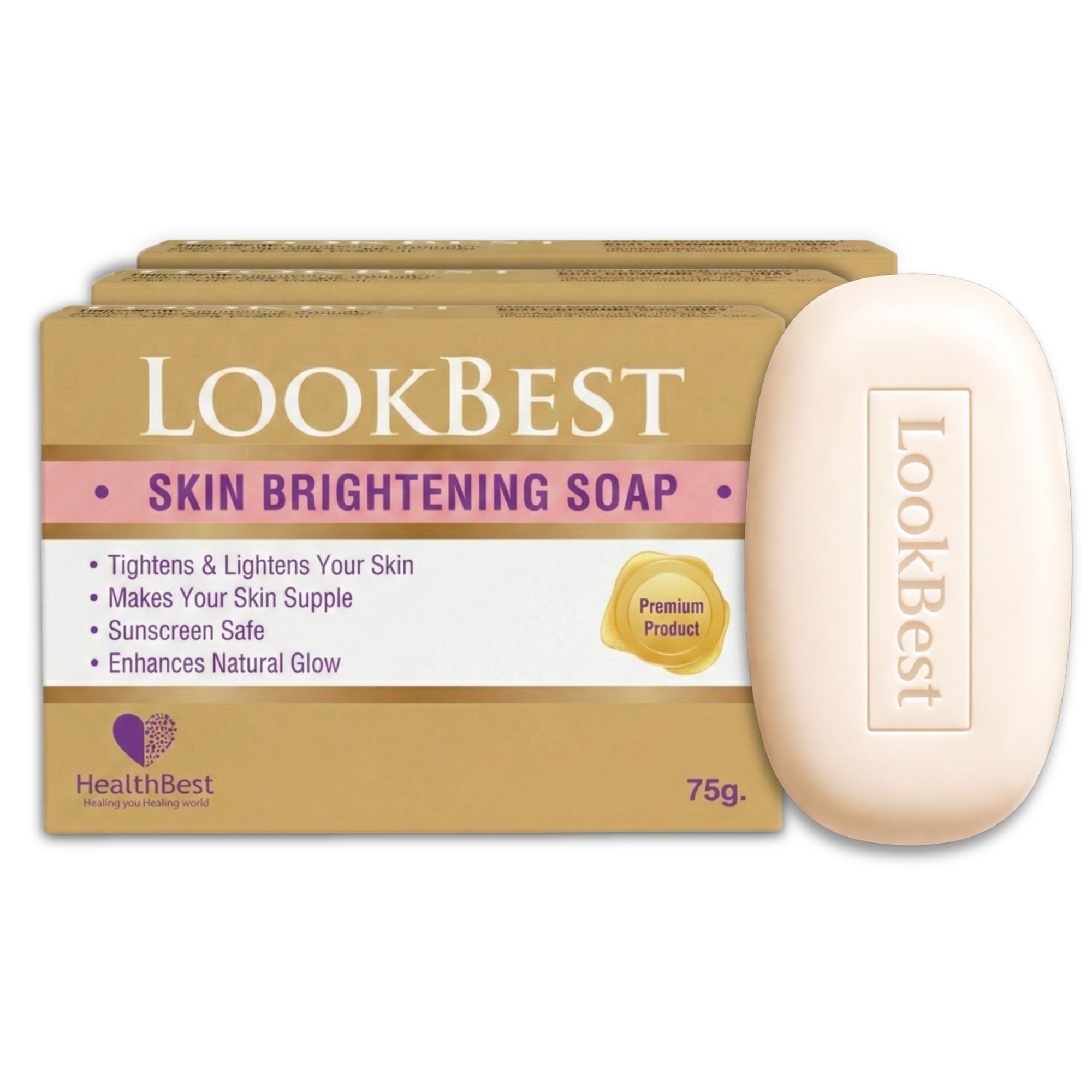 HealthBest LookBest Skin Brightening Soap 75gm (Pack of 3) with Kojic Acid, Glutathione, Arbutin & Vitamin C Gentle Tan Removal, Dark Spot Removal Bar for Face & Body, Anti-Aging All Skin Types for Men & Women