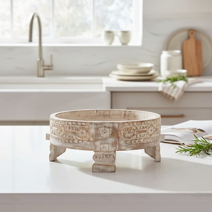 Handcrafted Carved Wood Chakki Table Pedestal Serving Tray for Bread & Olives