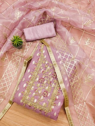 Organza Jeckard Neckwork Women Unstitched Salwar Suit-Light Purple