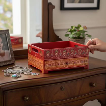 Hand-Painted Wooden Jewellery Storage Box, 30 x 14 x 23 cm, Rajasthani Art