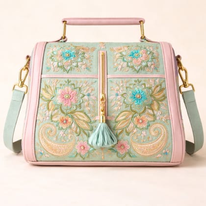 Elegant Embroidered Floral Top-Handle Handbag with Shoulder Strap