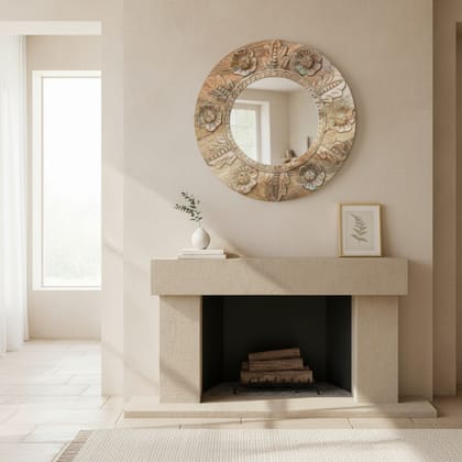 Handcrafted Round Wooden Carved Mirror with Floral Design, 45x45x3 cm