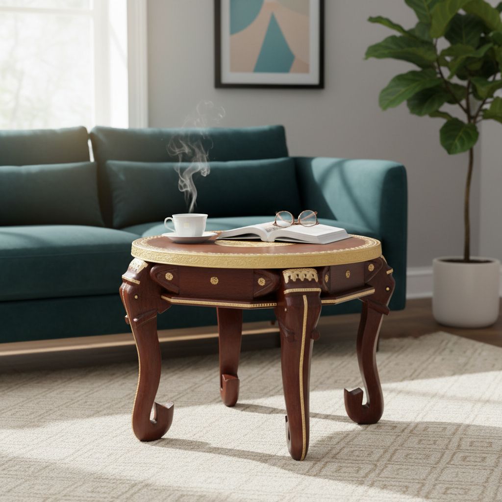 Handcrafted Wooden Elephant Table with Brass Inlay, Coffe Table for Home Decor