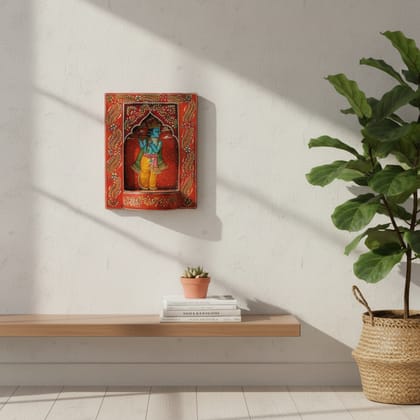 Hand-Painted Wooden Krishna Wall Frame Decor, Vibrant Traditional Indian Art