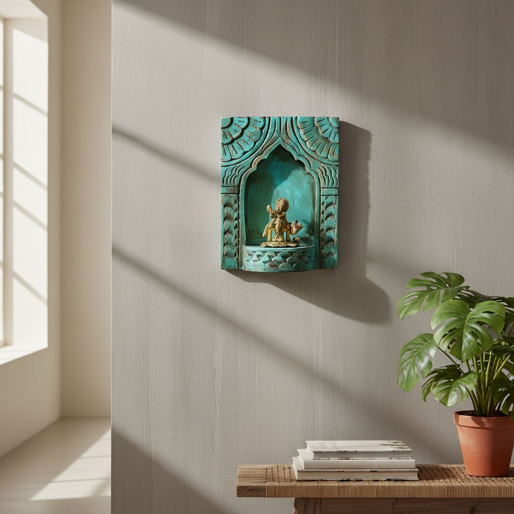 Handcrafted Wooden Wall-Jharokha with Brass Krishna Statue,-Handcrafted Turquoise Wall-Mounted Shrine with Intricate Carvings Pooja Room Decor