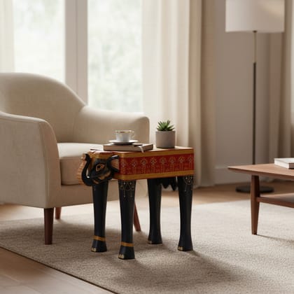 Hand-Painted Wooden Elephant Table with Drawer for Home & Office Decor