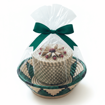 Woven Gift Basket with Green Geometric Pattern and Decorative Box