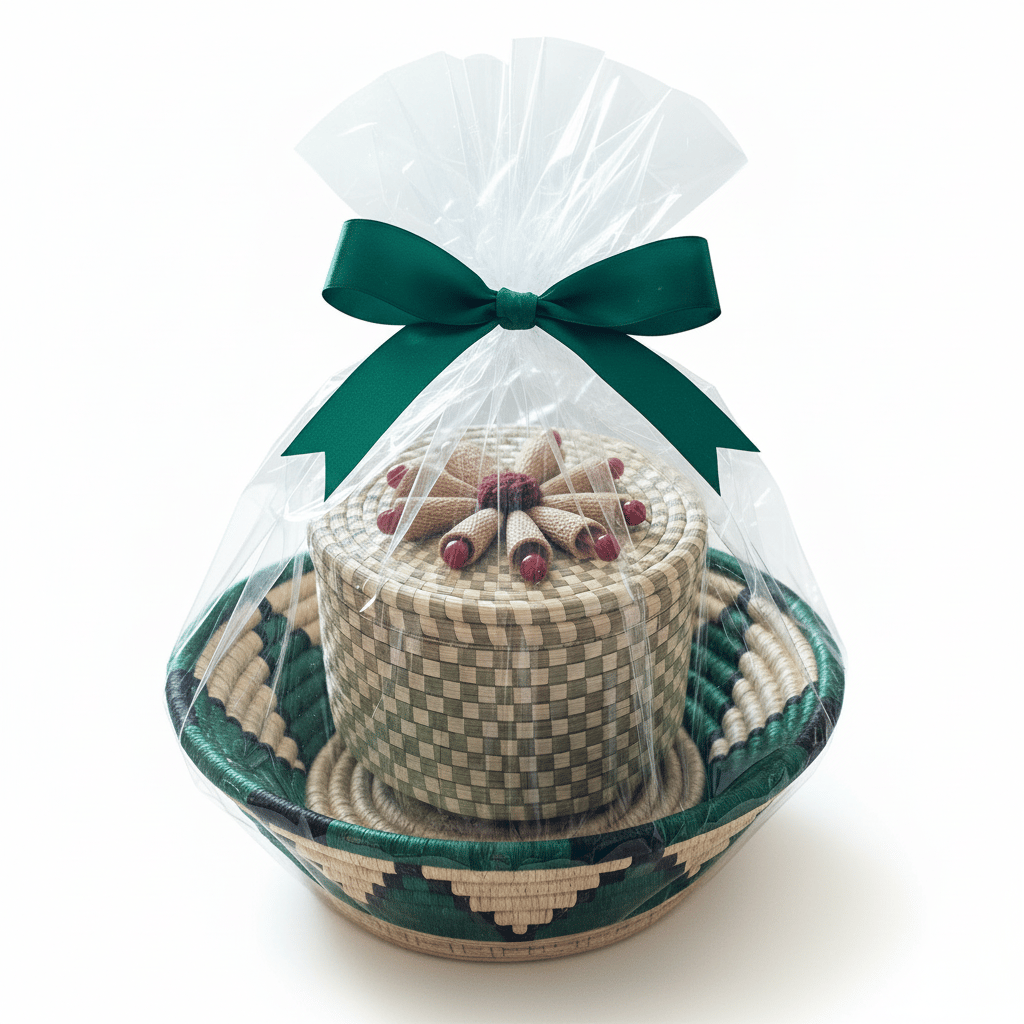 Woven Gift Basket with Green Geometric Pattern and Decorative Box
