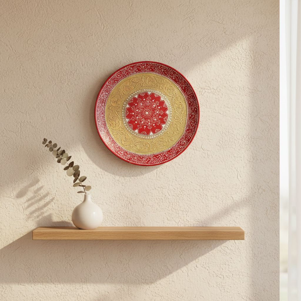 Handcrafted Wooden Decorative Plate with Brass Carving, 30 cm Diameter, Red and Gold for Pooja Room -Wall Decor pilets
