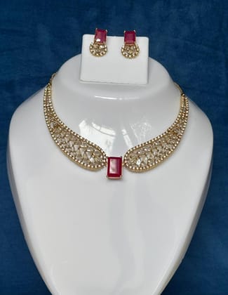 Premium  Angel Wing American Diamond and Ruby cz Stone Necklace Set