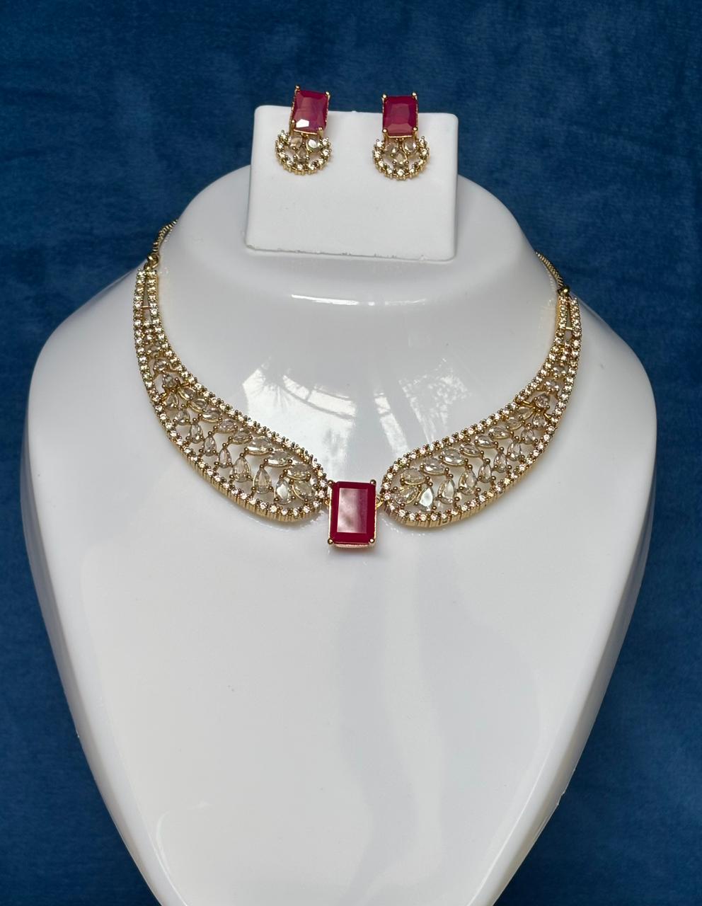Premium  Angel Wing American Diamond and Ruby cz Stone Necklace Set