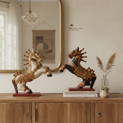 Handcrafted Wooden Rocking Horse Figurines - Set of 2, Decorative Home Decor Statues with Antique Finish