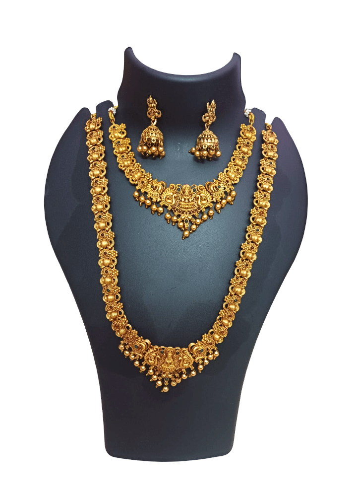 Golden Traditional Temple Jewellery Set with Long & Choker Necklaces and Jhumka Earrings