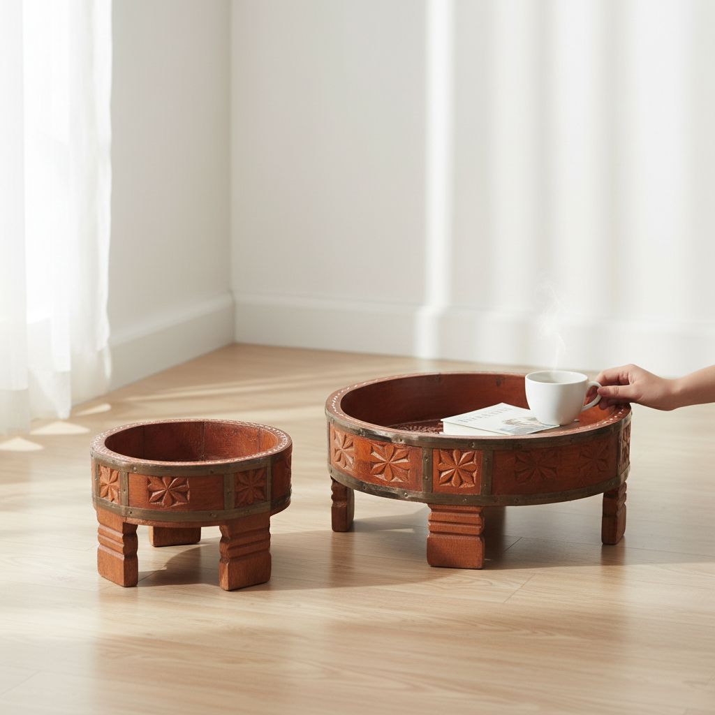 Floral Design Wooden Chowki Set, Traditional Wooden Pooja Chowki Set Brown Colour Decorative Wooden Chowki Set of 2 (Brown)