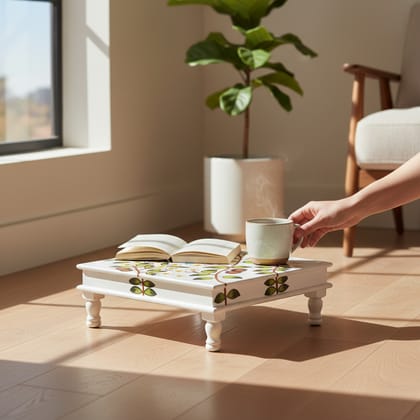 Wooden Painted Pooja Bajot Chowki Table with Floral and Bird Motif, White Base Perfect for Home Decor