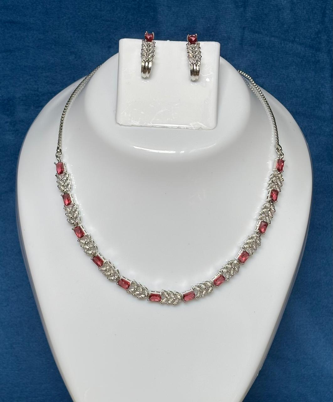 Elegant Pink Stone Silver Plated  AD Necklace & Earrings Set