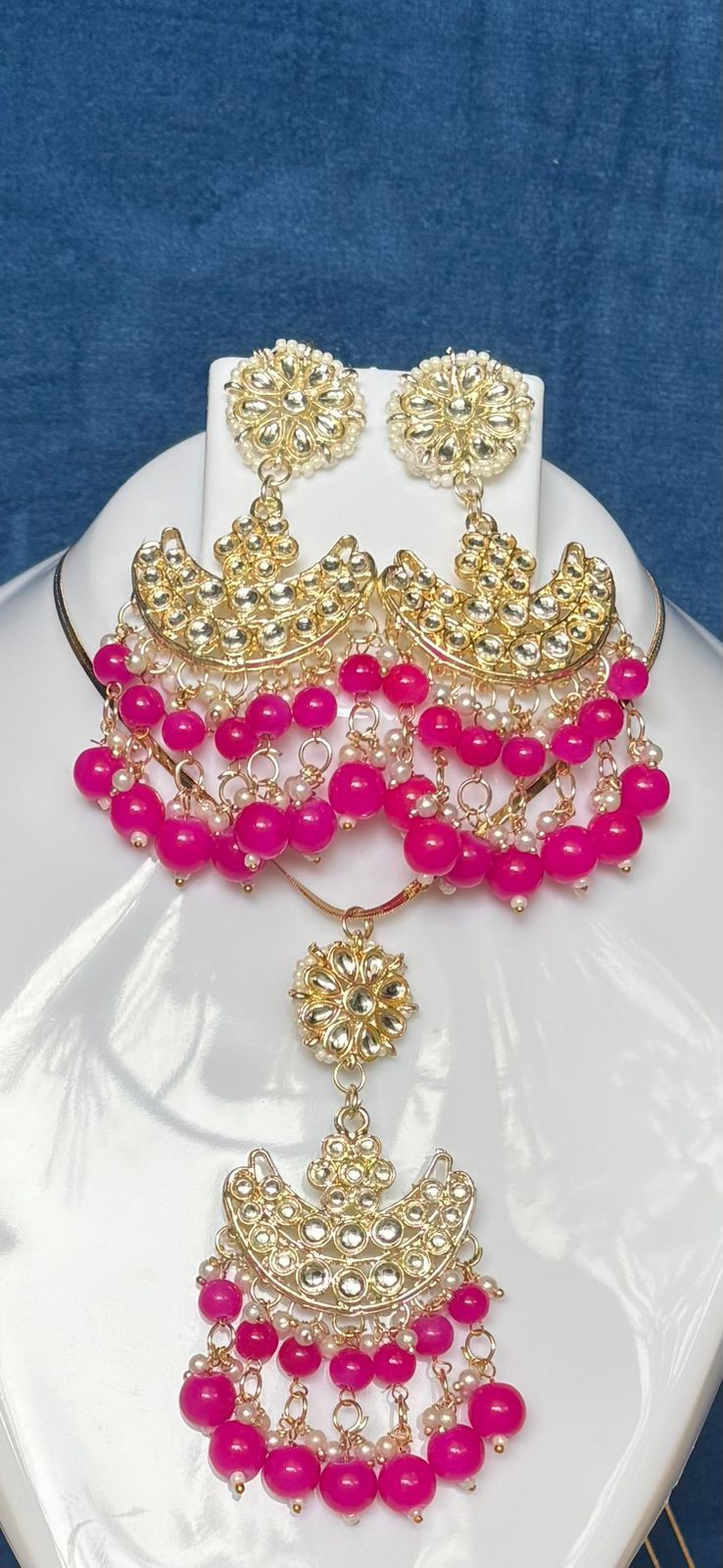 Hot Pink Moti and Kundan Pendent and Earring Set