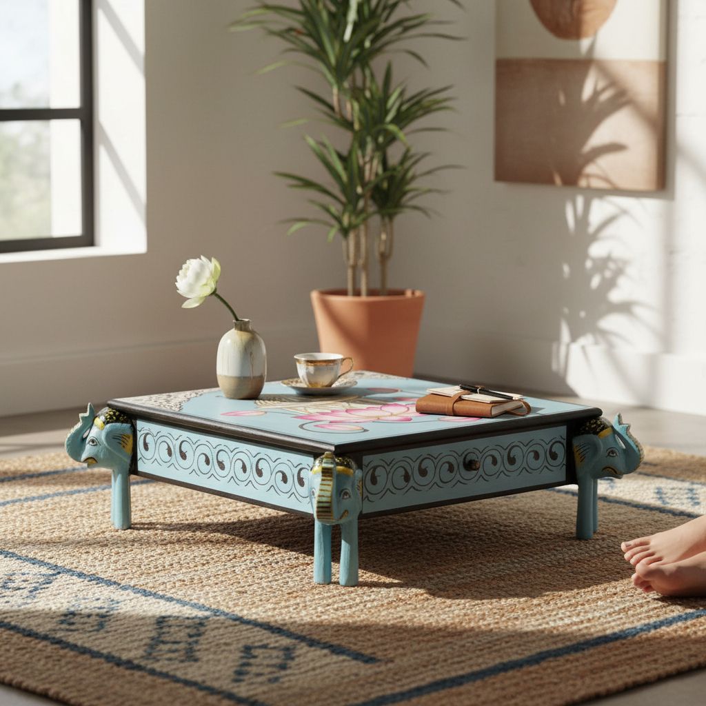 Hand-Painted Wooden Choki Bajot Table for Pooja Room, 47x47x14 cm, Elephant Legs, Peacock & Lotus Design