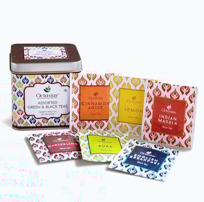 Octavius Tea Bag Gift Box Set | 6 Assorted Tea Flavors in Black & Green Teas in an Elegant Gift Box | Perfect for Gifting | Enveloped Tea Bags for Freshness | Serve Hot or as Iced Tea 25 Tea Bags
