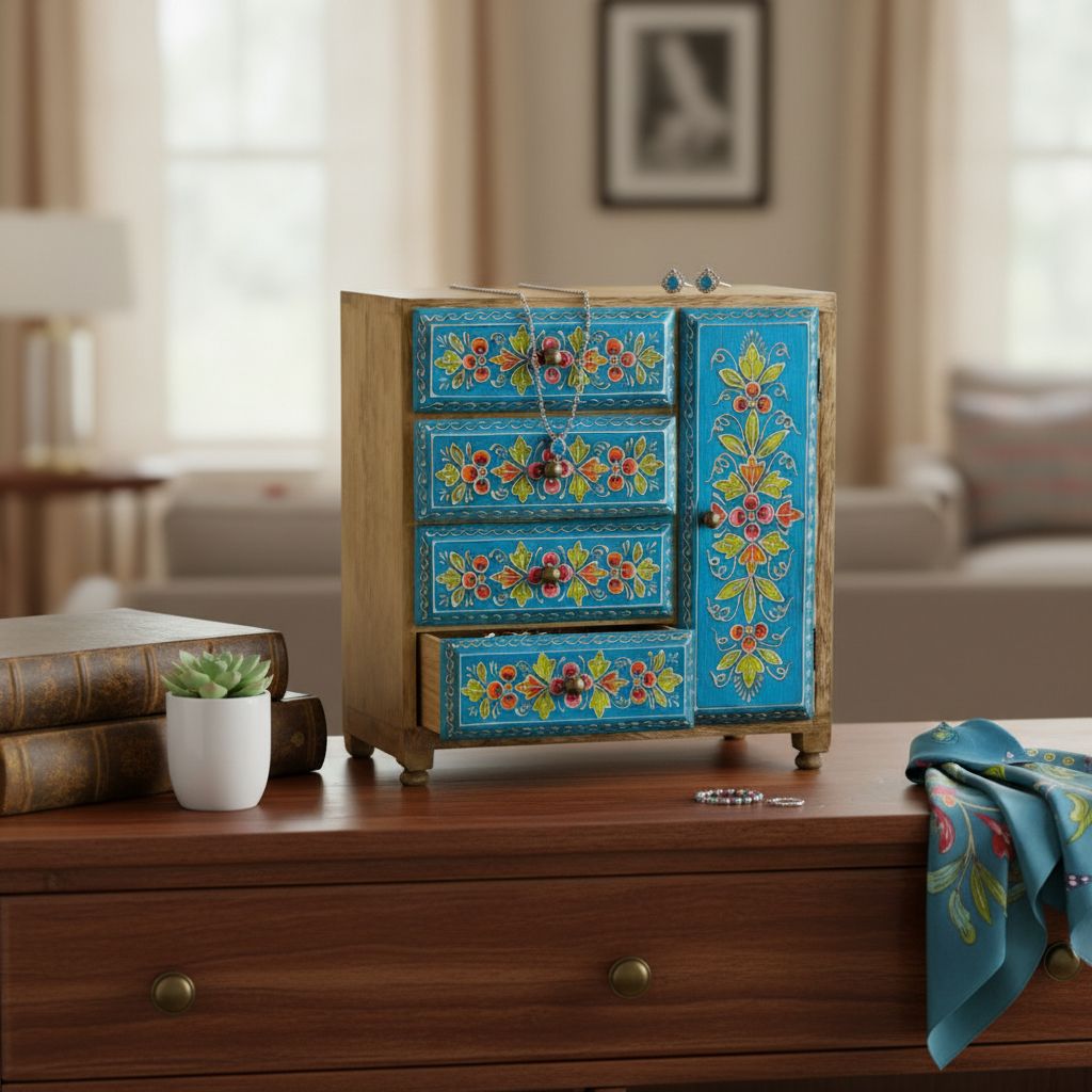 Wooden Jewelry Cabinet with Hand-Painted Floral Design,Chest Of Drawer