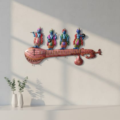 Iron Hand Painted Krishna Gang Musicians on Sitar Wall Decor, 112x53x5 cm, with LED Lighting For Home Decor