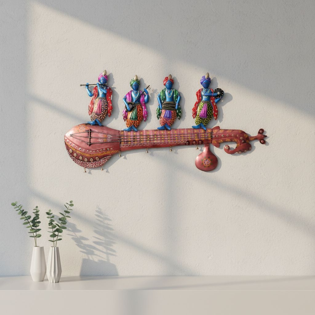 Iron Hand Painted Krishna Gang Musicians on Sitar Wall Decor, 112x53x5 cm, with LED Lighting For Home Decor