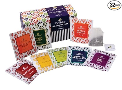 Octavius Tea Sampler Pack - 32 Tea Bags | 8 Assorted Black & Green Tea | Trial Pack | Cinnamon Anise, Pure Green, Lemon, Honey Lemon, English Breakfast, Darjeeling, Indian Masala, Earl Grey | Tea Gift