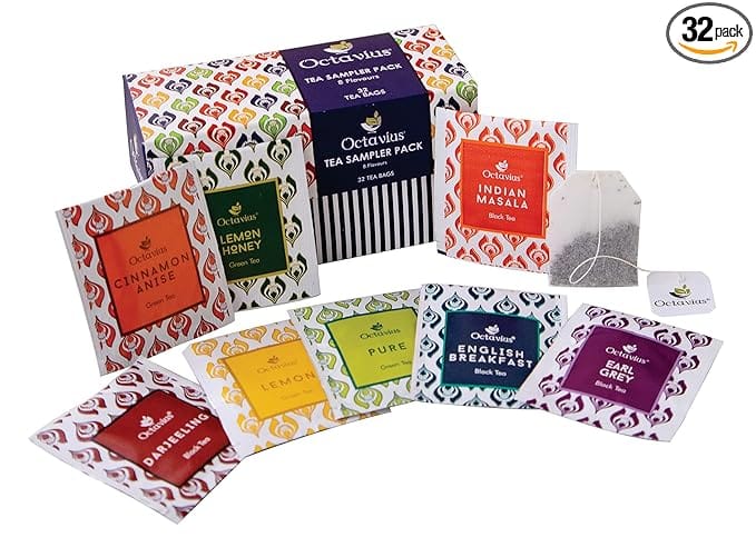 Octavius Tea Sampler Pack - 32 Tea Bags | 8 Assorted Black & Green Tea | Trial Pack | Cinnamon Anise, Pure Green, Lemon, Honey Lemon, English Breakfast, Darjeeling, Indian Masala, Earl Grey | Tea Gift