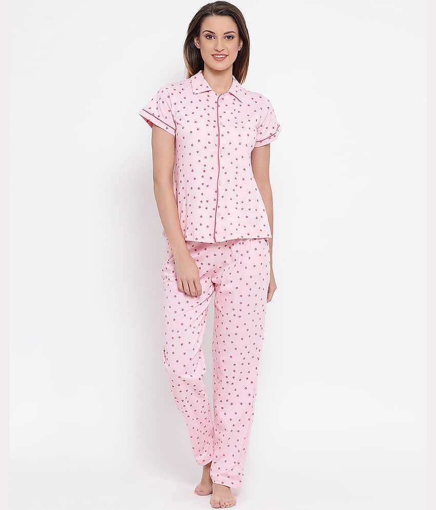 Clovia Pink Cotton Women's Nightwear Nightsuit Sets ( Pack of 1 )