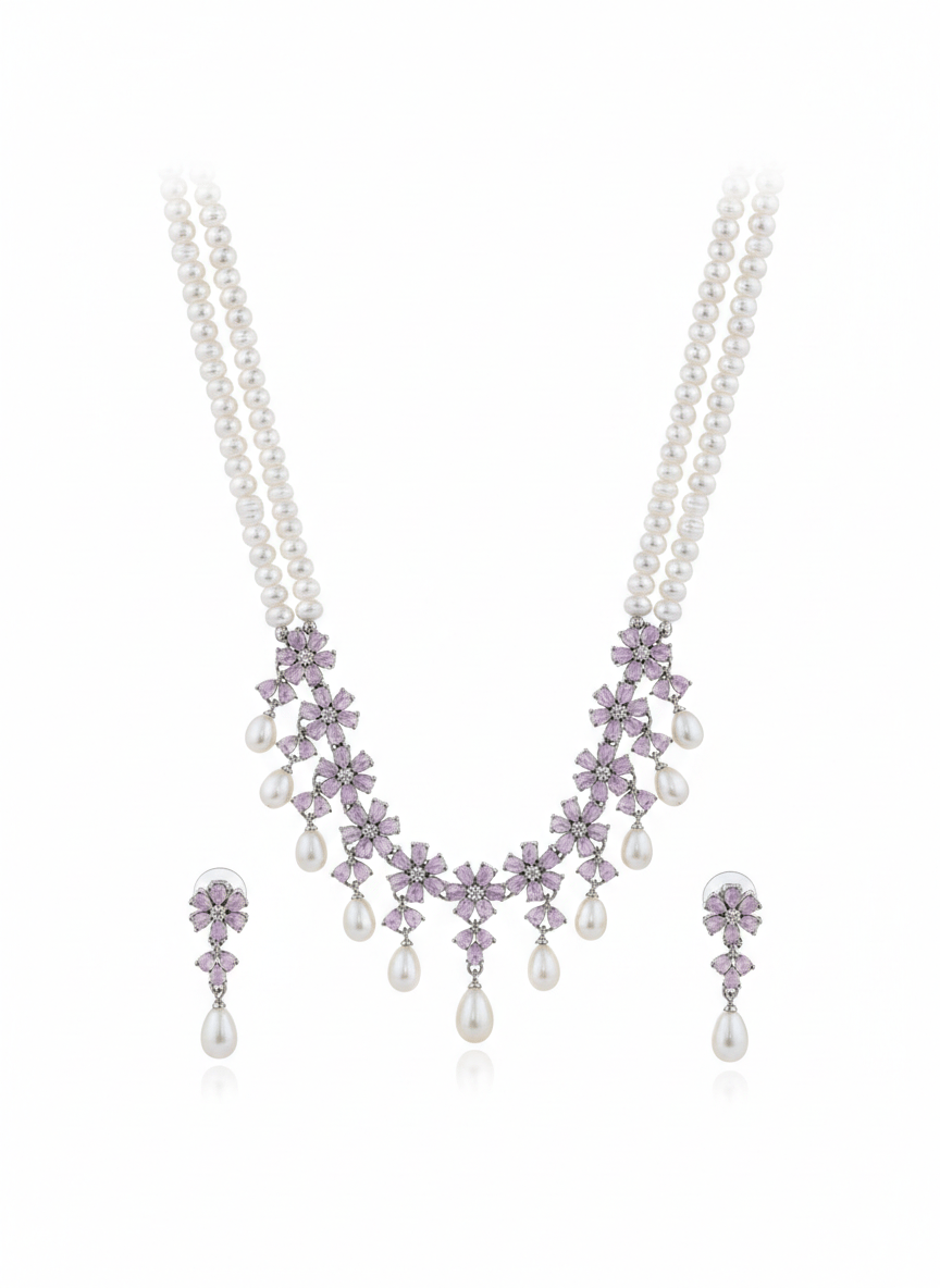  Two Layer Pearl Set With Pink Colour Flowers