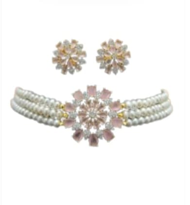Three Layer Pearl Choker Set with Pink Studded Stones