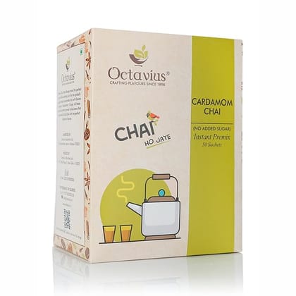 Octavius | No Added Sugar Cardamom Premix Tea - 50 Pouches | Elaichi Chai | Low Sugar | Instant Tea