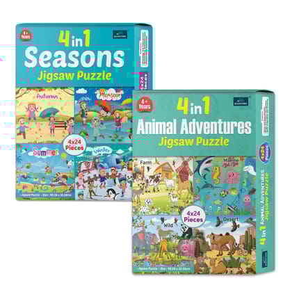 4 in 1 Animal Adventure & 4 in 1 Seasons – A Perfect Puzzle Combo to Teach Kids About Weather, Nature & Wildlife While Having Endless Fun! | Set of 2