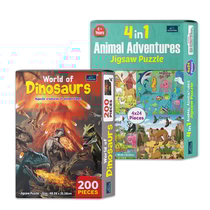 4 in 1 Animal Adventure & World of Dinosaurs – An Exciting Puzzle Combo for Kids to Explore Prehistoric Life & Their Favorite Dinosaurs! | Set of 2