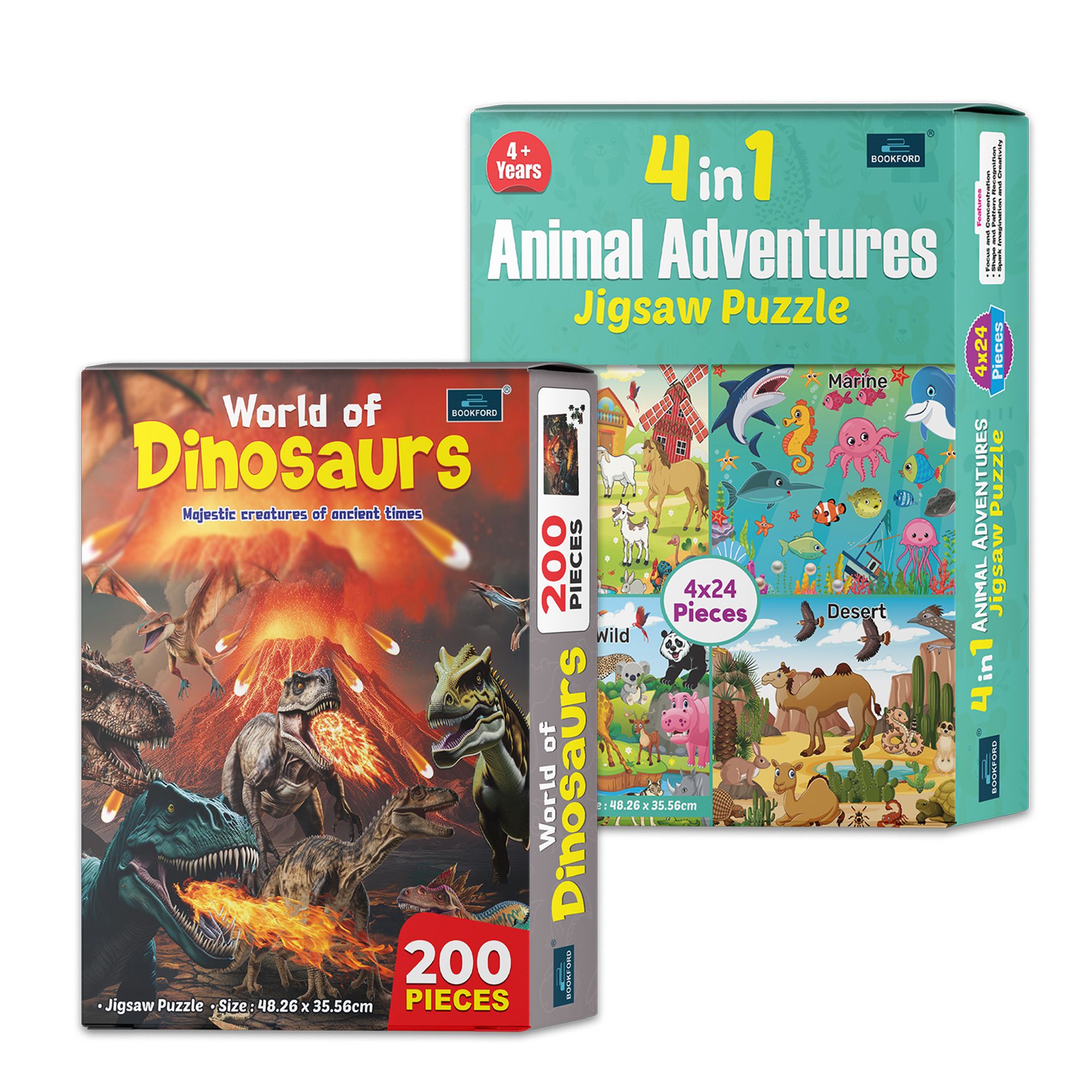 4 in 1 Animal Adventure & World of Dinosaurs – An Exciting Puzzle Combo for Kids to Explore Prehistoric Life & Their Favorite Dinosaurs! | Set of 2