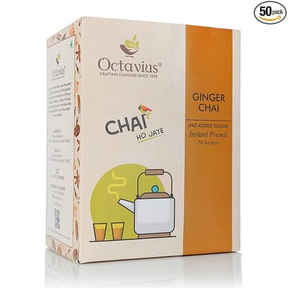 Octavius | NO ADDED SUGAR Ginger Premix Tea - 50 Pouches | Adrak Chai | Readymade Tea Mix | Low Sugar | Instant Tea | Tea Premix | 1 Minute Tea