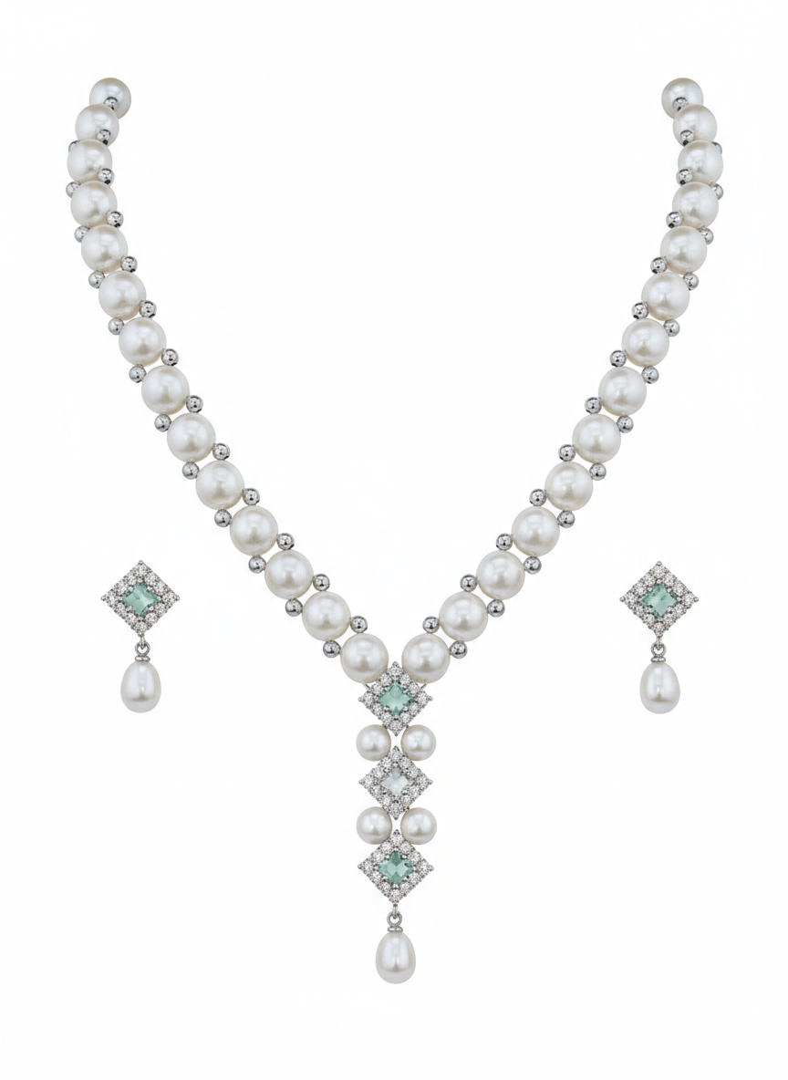 White Party Wear Pearl Set with Green Stone Studs