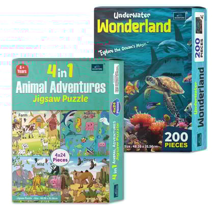 4 in 1 Animal Adventure & Underwater Wonderland – A Magical Puzzle Set for Kids to Discover Ocean Creatures & Their Habitats! | Set of 2
