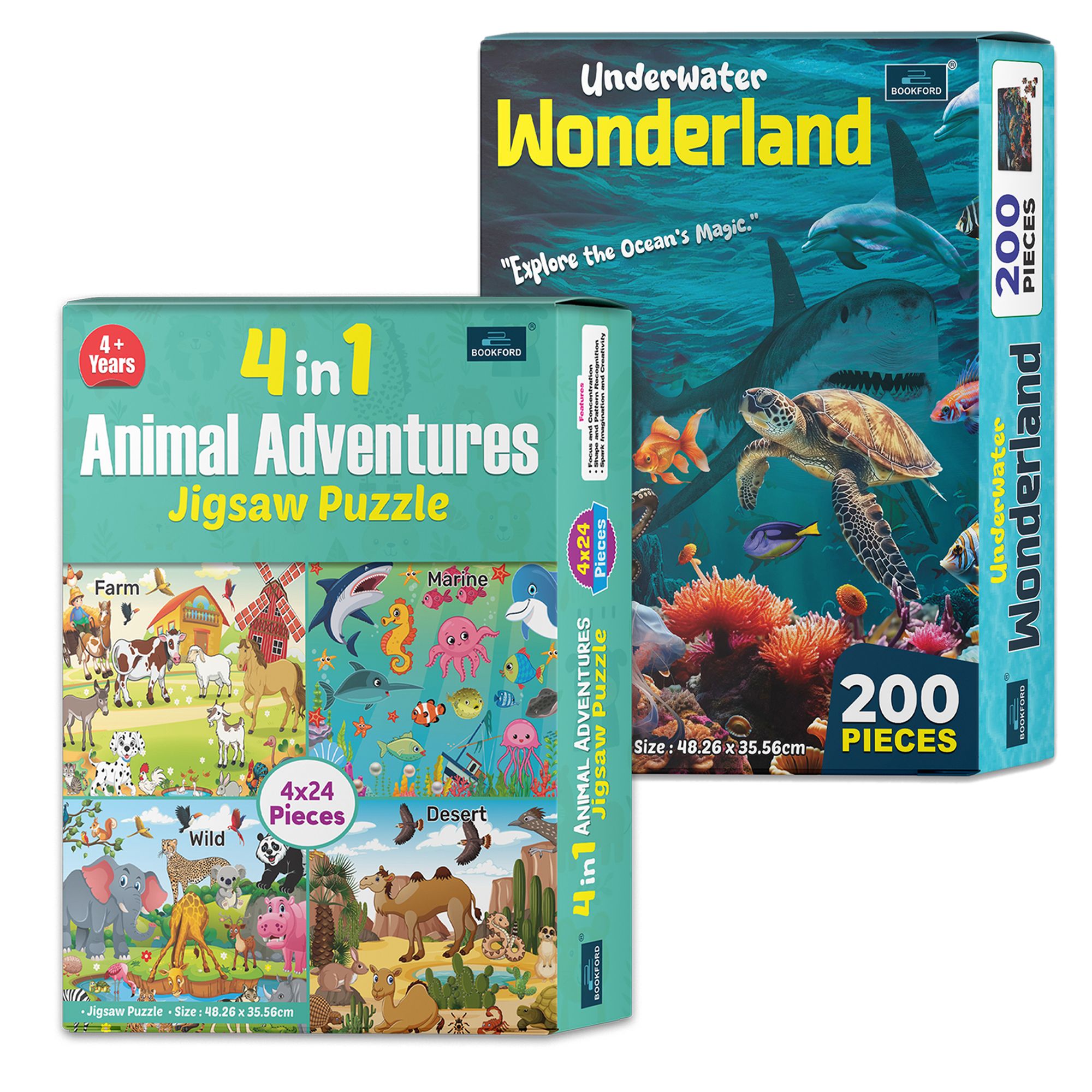 4 in 1 Animal Adventure & Underwater Wonderland – A Magical Puzzle Set for Kids to Discover Ocean Creatures & Their Habitats! | Set of 2