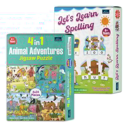 4 in 1 Animal Adventure & Let’s Learn Spelling – A Perfect Educational Puzzle Set to Build Vocabulary & Explore the Animal World! | Set of 2