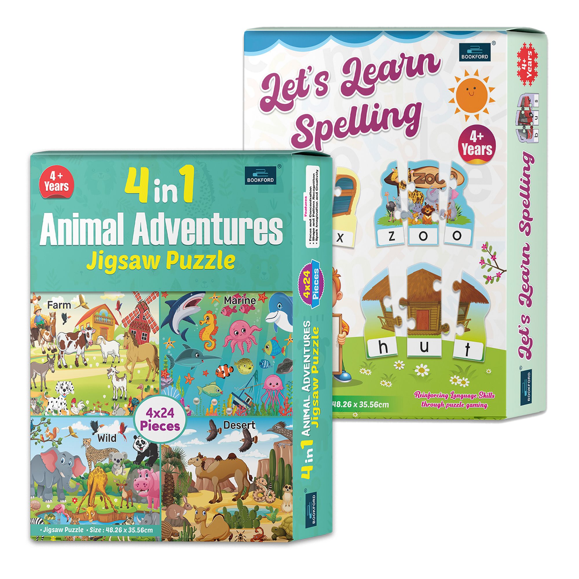 4 in 1 Animal Adventure & Let’s Learn Spelling – A Perfect Educational Puzzle Set to Build Vocabulary & Explore the Animal World! | Set of 2