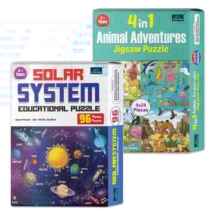 4 in 1 Animal Adventure & Solar System – An Out-of-This-World Puzzle Set to Teach Kids About Planets, Stars & the Animal Kingdom! | Set of 2