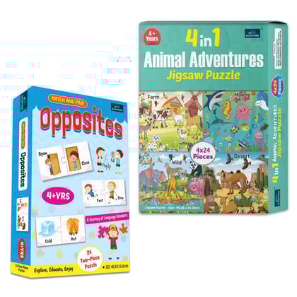 4 in 1 Animal Adventure & Opposite Words – A Brain-Boosting Puzzle Set for Kids to Learn Opposite Words While Having Fun with Animal Matching! | Set of 2