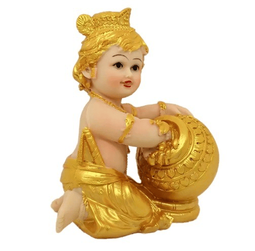 Lord Krishna, Gopal, Makhan Chor, Kanhaya Idol Golden Decorative Showpiece - 13 cm (Polyresin, Gold)