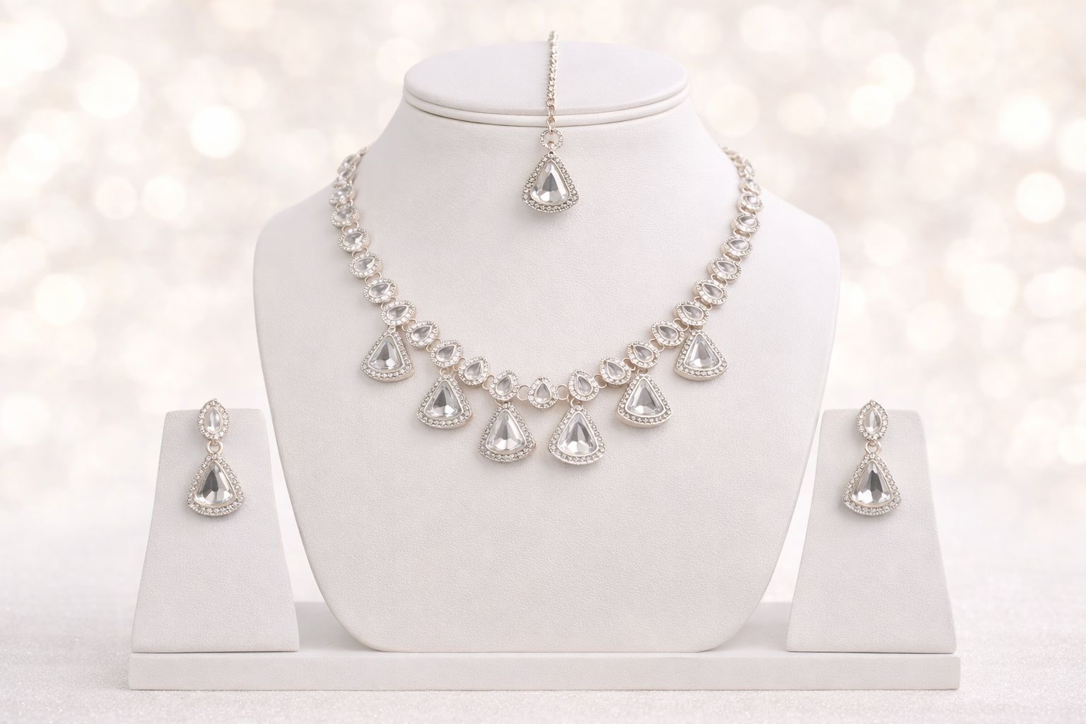 Elegant Crystal Teardrop Necklace Set with Earrings & Maang Tikka