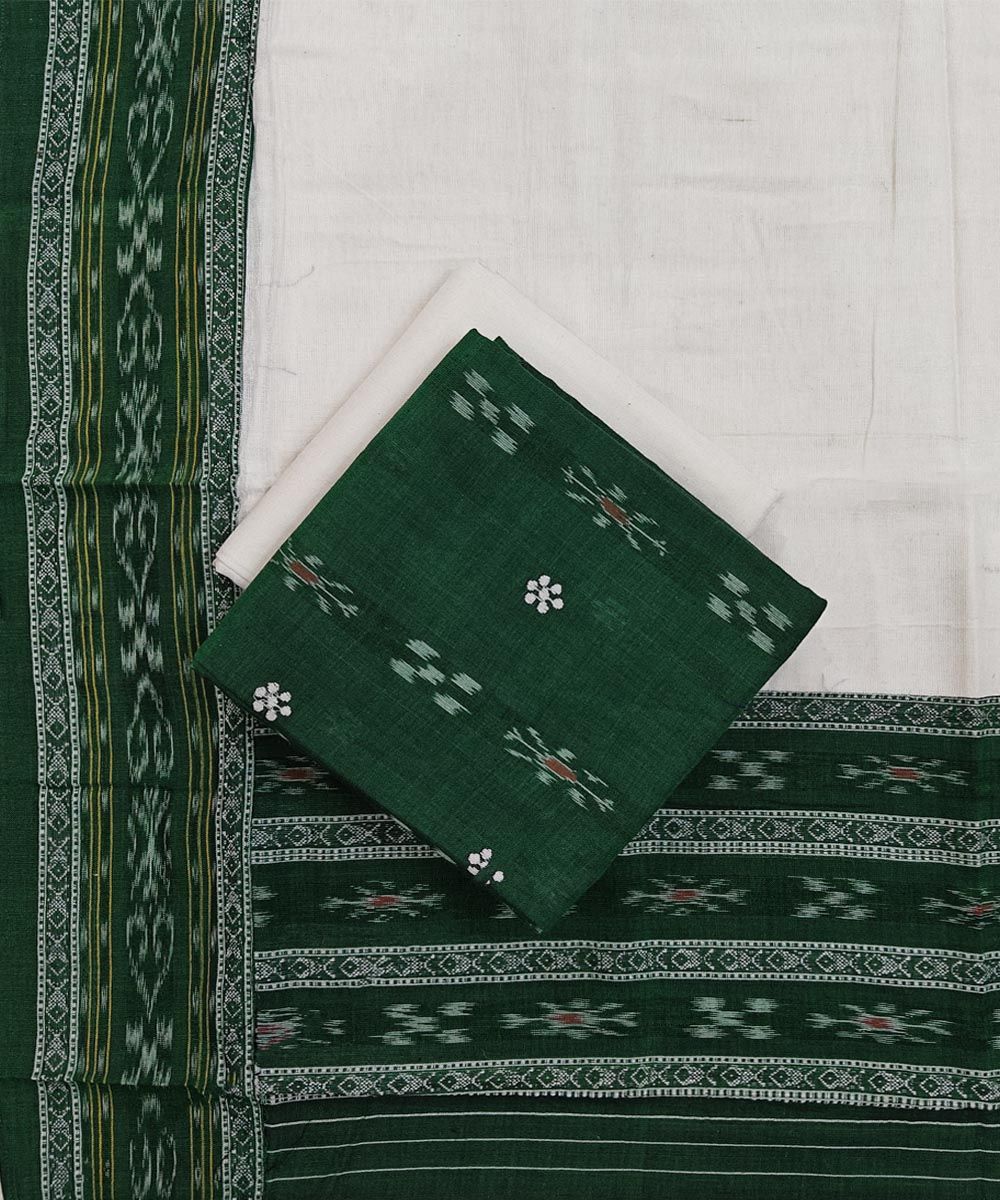 Green White Sambalpuri Handwoven Double Ikat Suit SFCSUT2314