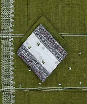 White Olive Sambalpuri Handwoven Double Ikat Suit SFCSUT2318