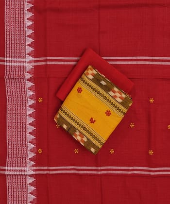 Yellow Red Sambalpuri Handwoven Double Ikat Suit SFCSUT2319